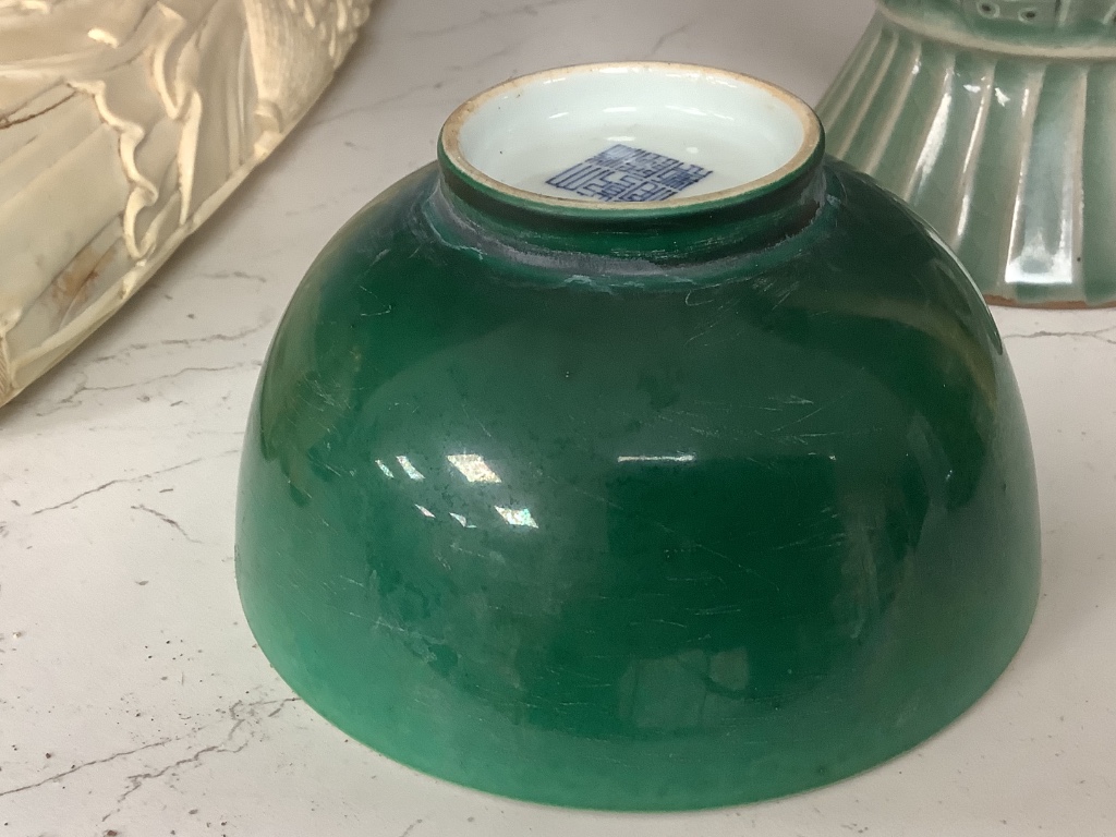 A Chinese green glazed bowl and a Korean celadon vase, height 27cm